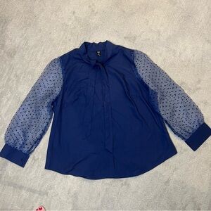 Royal Blue SHEIN 1XL Curve Blouse with Sheer Sleeves and raised dot‎ detail